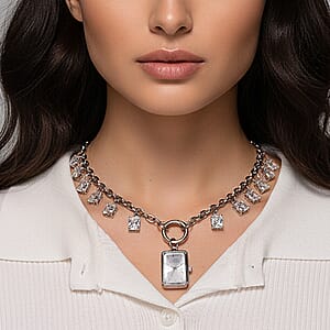 Classic Succession Simulated Diamond Miyota Japanese Movement watch in Silvertone with Stainless Steel Necklace (24 Inches) 18.00 ctw