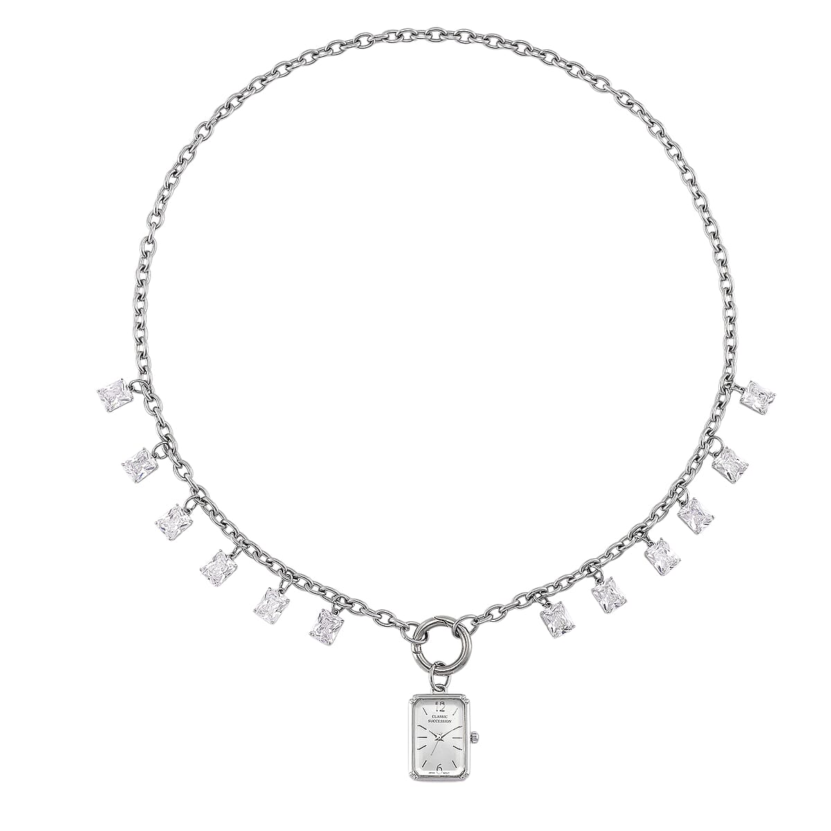 Classic Succession Simulated Diamond Miyota Japanese Movement watch in Silvertone with Stainless Steel Necklace (24 Inches) 18.00 ctw image number 3