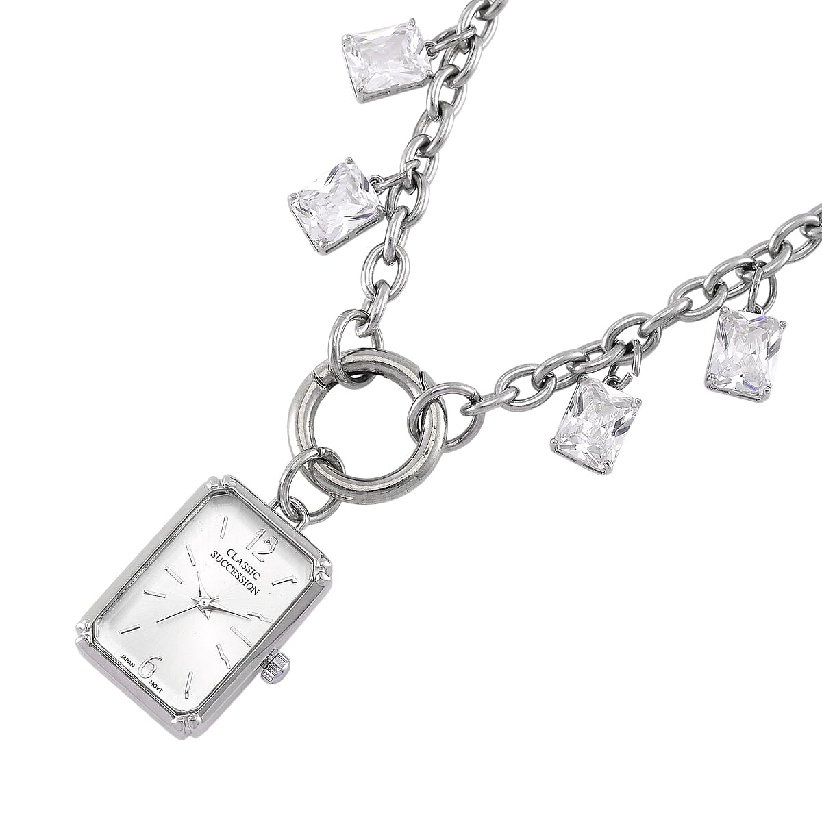 Classic Succession Simulated Diamond Miyota Japanese Movement watch in Silvertone with Stainless Steel Necklace (24 Inches) 18.00 ctw image number 4