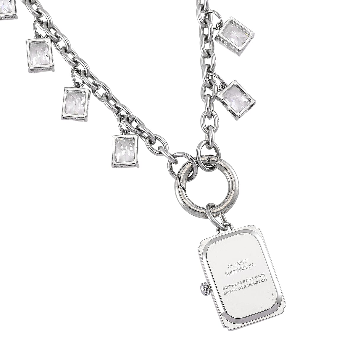 Classic Succession Simulated Diamond Miyota Japanese Movement watch in Silvertone with Stainless Steel Necklace (24 Inches) 18.00 ctw image number 5