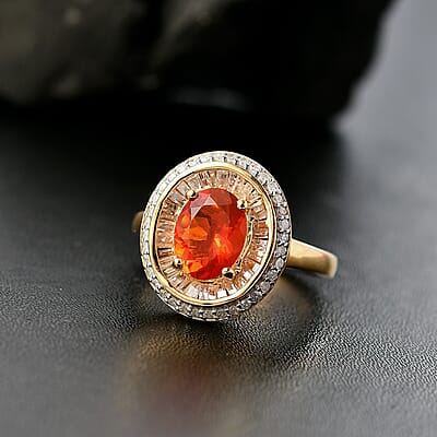 D'Joy Crimson Fire Opal and Diamond 1.50 ctw Solar Flare Ring in 18K Vermeil Yellow Gold Over Sterling Silver (Size 10.0)