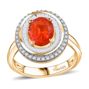 D'Joy Crimson Fire Opal and Diamond 1.50 ctw Solar Flare Ring in 18K Vermeil Yellow Gold Over Sterling Silver (Size 7.0)