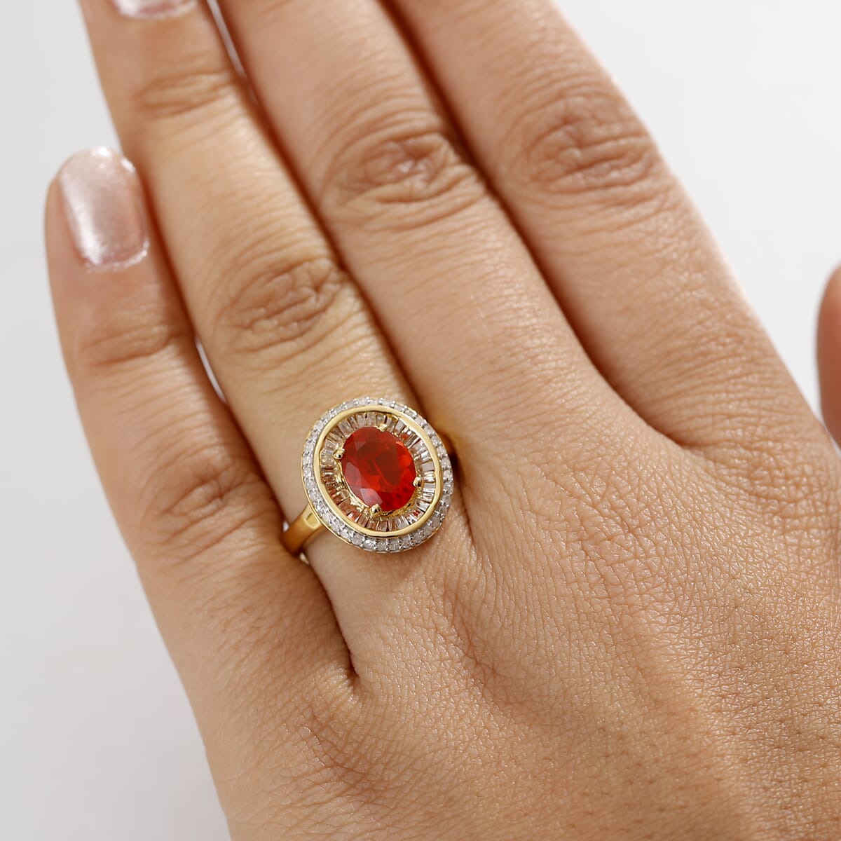 D'Joy Crimson Fire Opal and Diamond 1.50 ctw Solar Flare Ring in 18K Vermeil Yellow Gold Over Sterling Silver (Size 7.0) image number 2