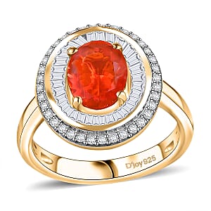 D'Joy Crimson Fire Opal and Diamond 1.50 ctw Solar Flare Ring in 18K Vermeil Yellow Gold Over Sterling Silver (Size 8.0)