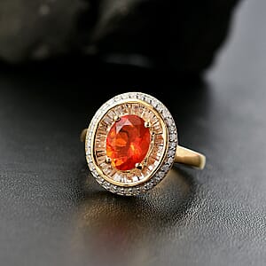 D'Joy Crimson Fire Opal and Diamond 1.50 ctw Solar Flare Ring in 18K Vermeil Yellow Gold Over Sterling Silver (Size 8.0)