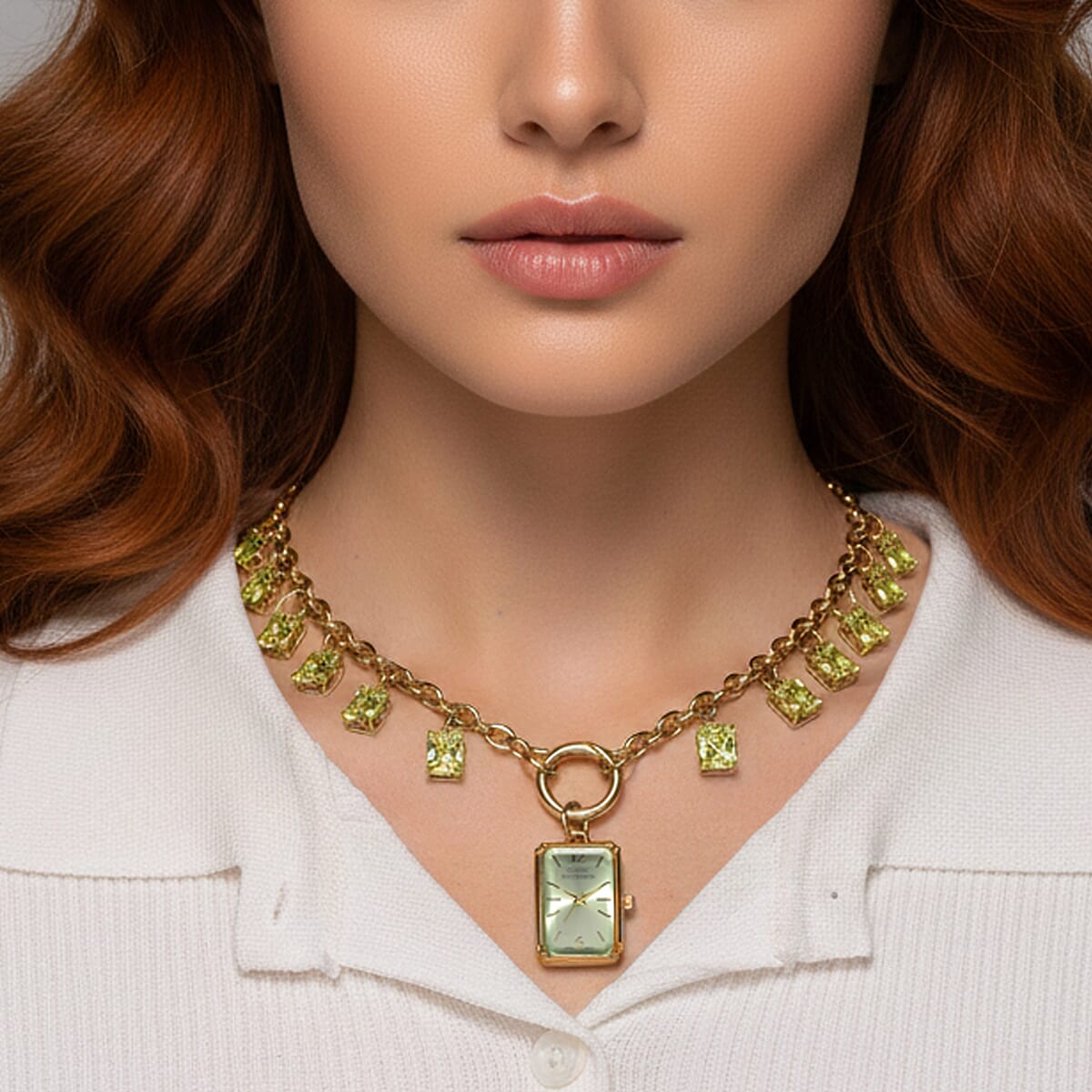 Classic Succession Simulated Green Diamond Miyota Japanese Movement watch in Goldtone with Stainless Steel Necklace (24 Inches) 18.00 ctw image number 2