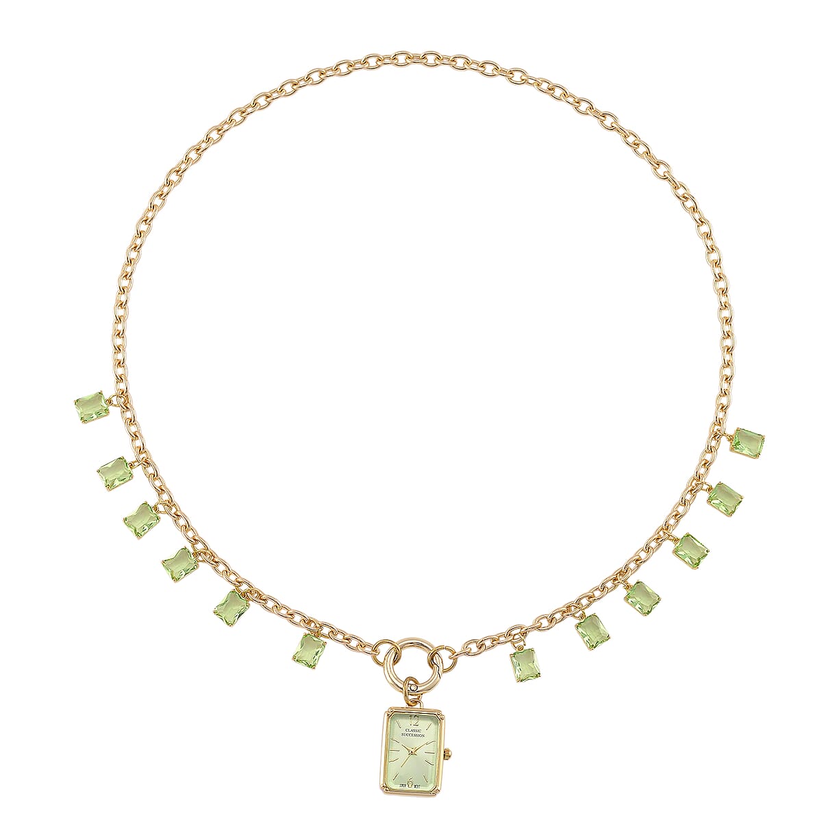 Classic Succession Simulated Green Diamond Miyota Japanese Movement watch in Goldtone with Stainless Steel Necklace (24 Inches) 18.00 ctw image number 3