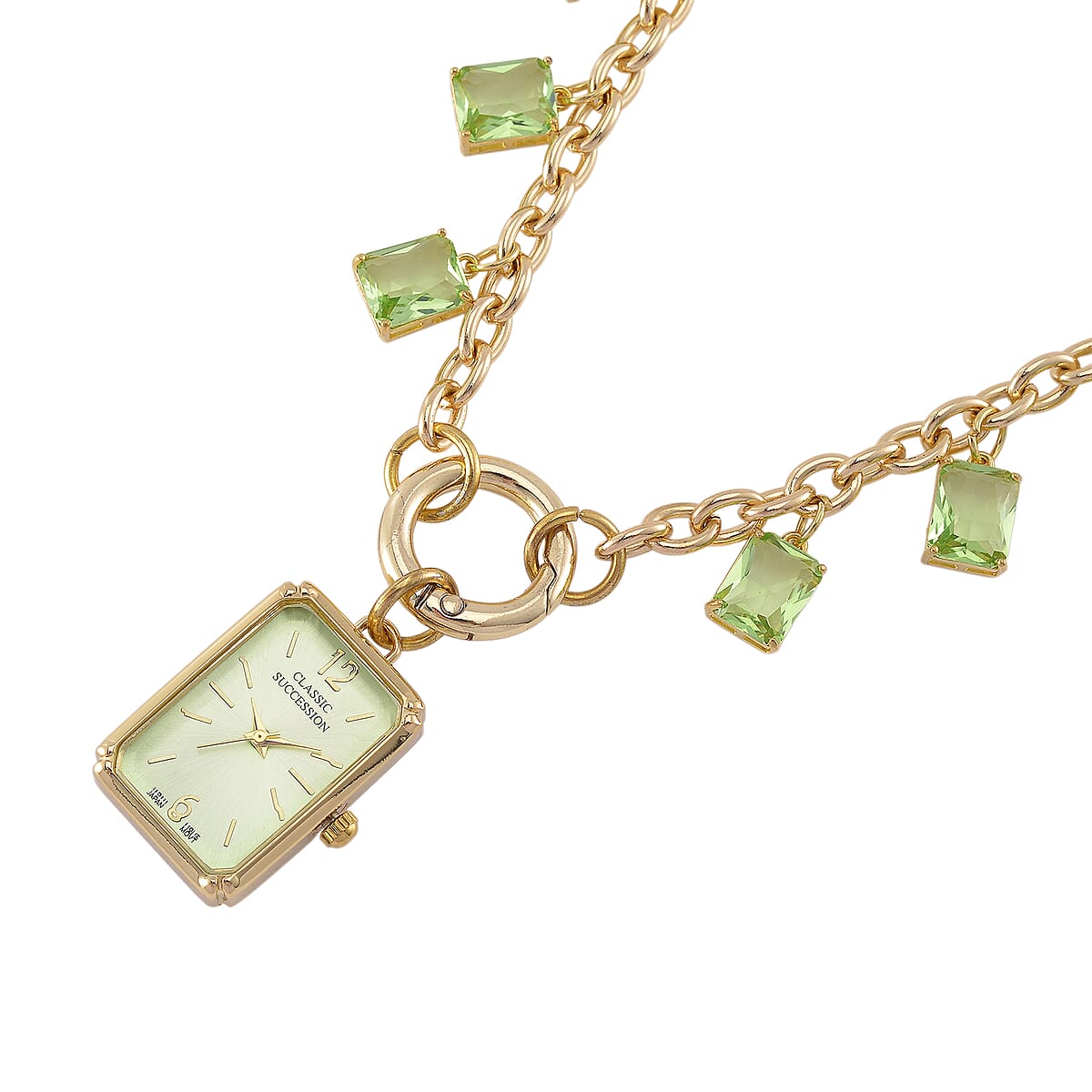 Classic Succession Simulated Green Diamond Miyota Japanese Movement watch in Goldtone with Stainless Steel Necklace (24 Inches) 18.00 ctw image number 4