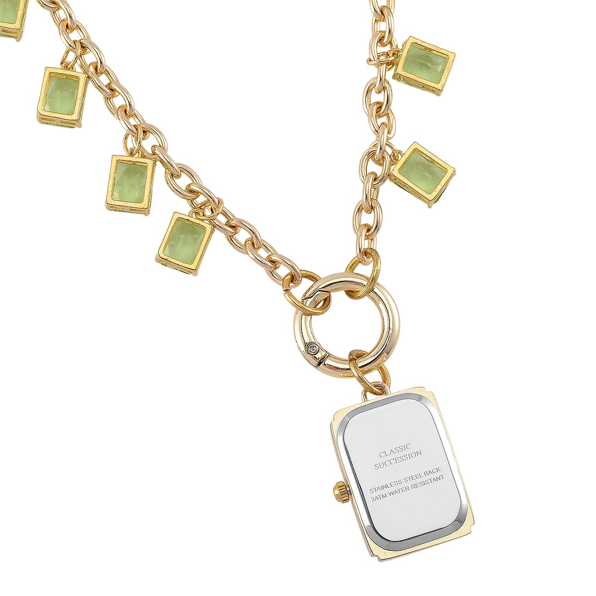 Classic Succession Simulated Green Diamond Miyota Japanese Movement watch in Goldtone with Stainless Steel Necklace (24 Inches) 18.00 ctw image number 5