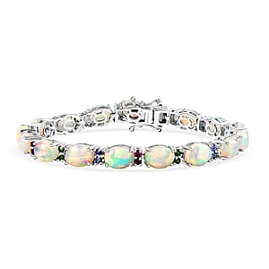 D'Joy Premium Ethiopian Welo Opal and Multi Gemstone 13.90 ctw Rainbow Bracelet in Rhodium Over Sterling Silver (6.50 In)