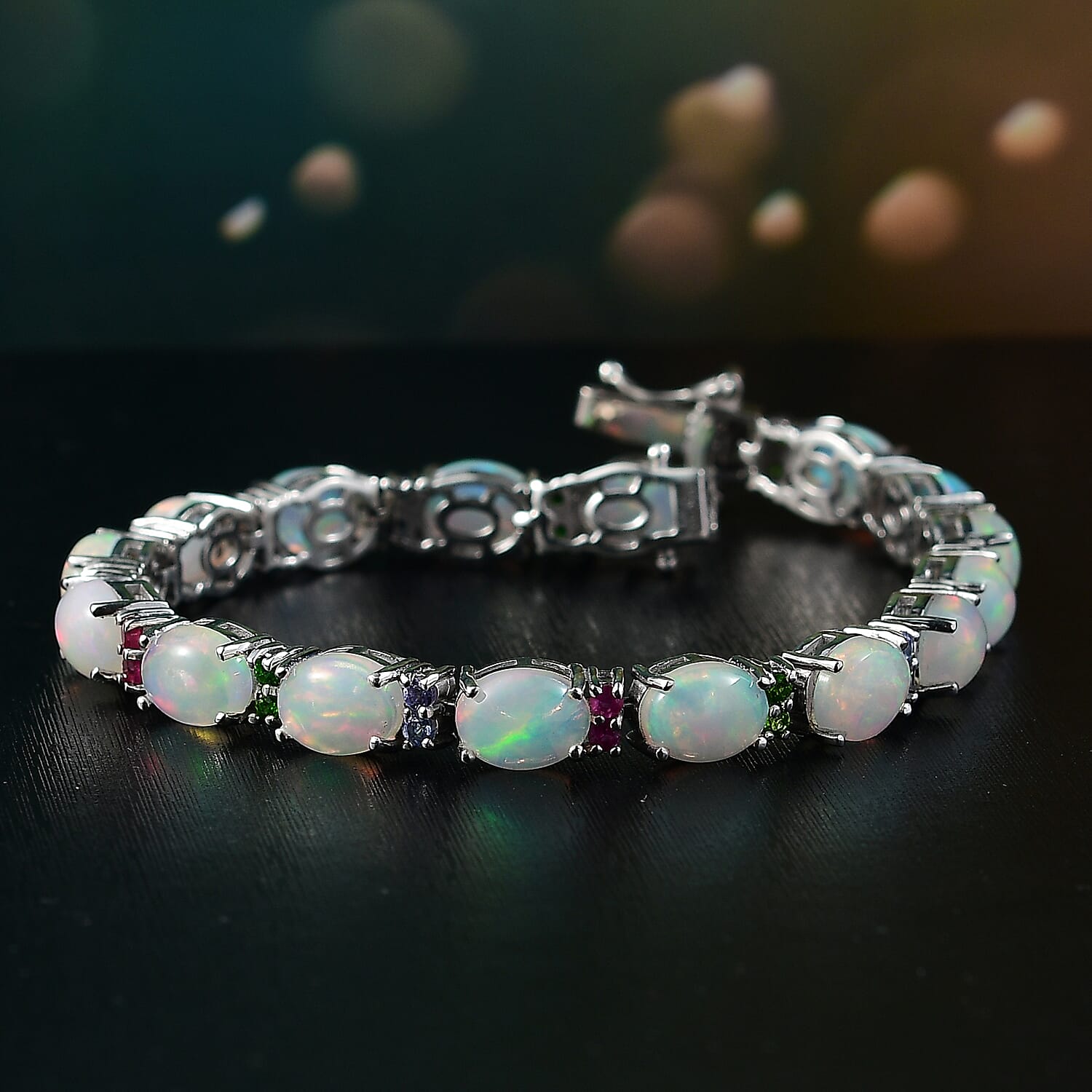 D'Joy Premium Ethiopian Welo Opal and Multi Gemstone 13.90 ctw Rainbow Bracelet in Rhodium Over Sterling Silver (6.50 In)