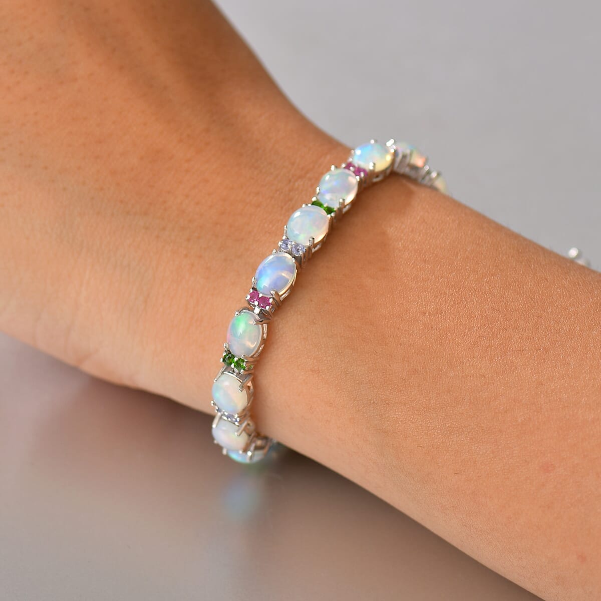Premium Ethiopian Welo Opal and Multi Gemstone 13.90 ctw Bracelet in Rhodium Over Sterling Silver (6.50 In) image number 2