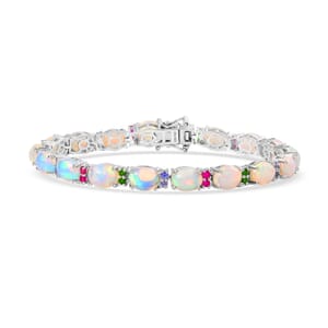 D'Joy Premium Ethiopian Welo Opal and Multi Gemstone 14.80 ctw Rainbow Bracelet in Rhodium Over Sterling Silver (7.25 In)