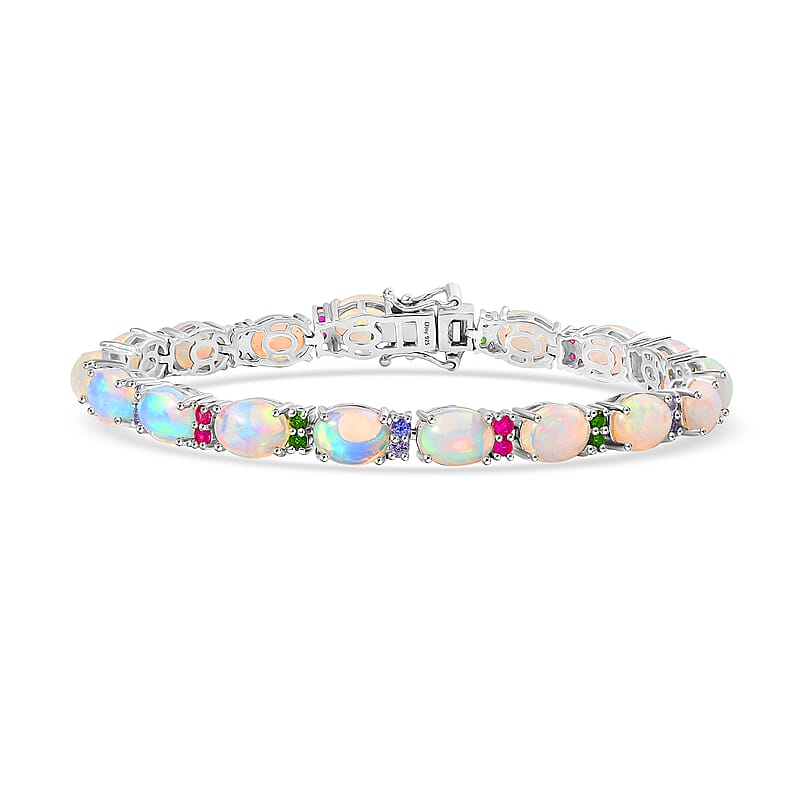 D'Joy Premium Ethiopian Welo Opal and Multi Gemstone 14.80 ctw Rainbow Bracelet in Rhodium Over Sterling Silver (7.25 In)