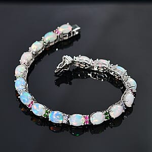 D'Joy Premium Ethiopian Welo Opal and Multi Gemstone 14.80 ctw Rainbow Bracelet in Rhodium Over Sterling Silver (7.25 In)