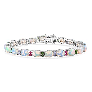 D'Joy Premium Ethiopian Welo Opal and Multi Gemstone 17.40 ctw Rainbow Bracelet in Rhodium Over Sterling Silver (8.00 In)