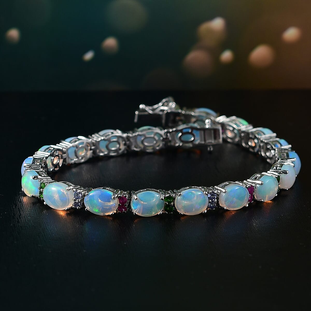 D'Joy Premium Ethiopian Welo Opal and Multi Gemstone 17.40 ctw Rainbow Bracelet in Rhodium Over Sterling Silver (8.00 In) image number 1