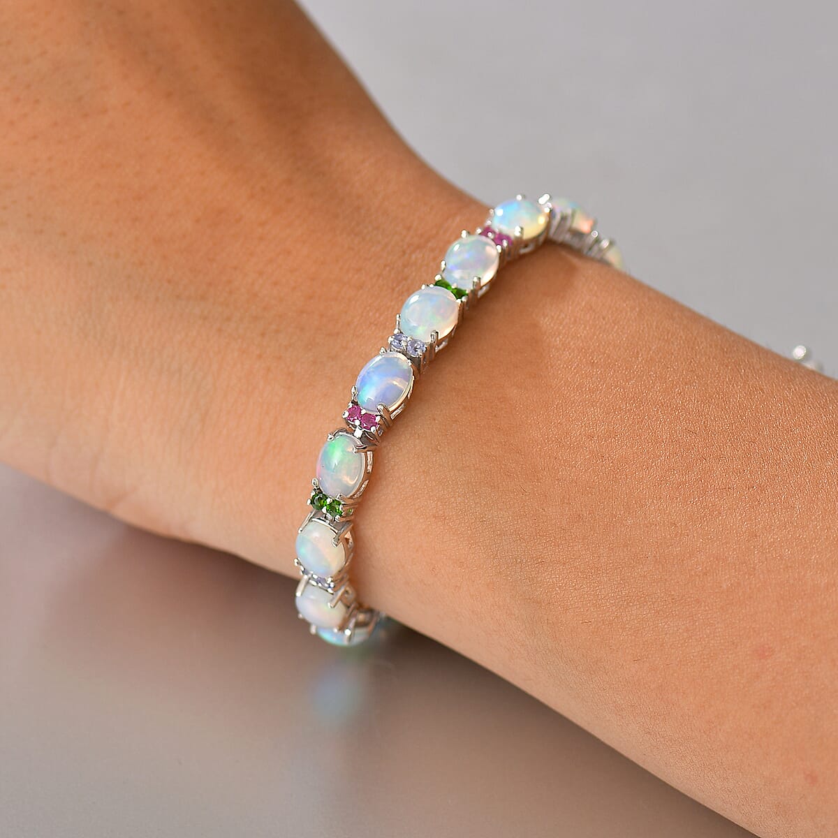 D'Joy Premium Ethiopian Welo Opal and Multi Gemstone 17.40 ctw Rainbow Bracelet in Rhodium Over Sterling Silver (8.00 In) image number 2