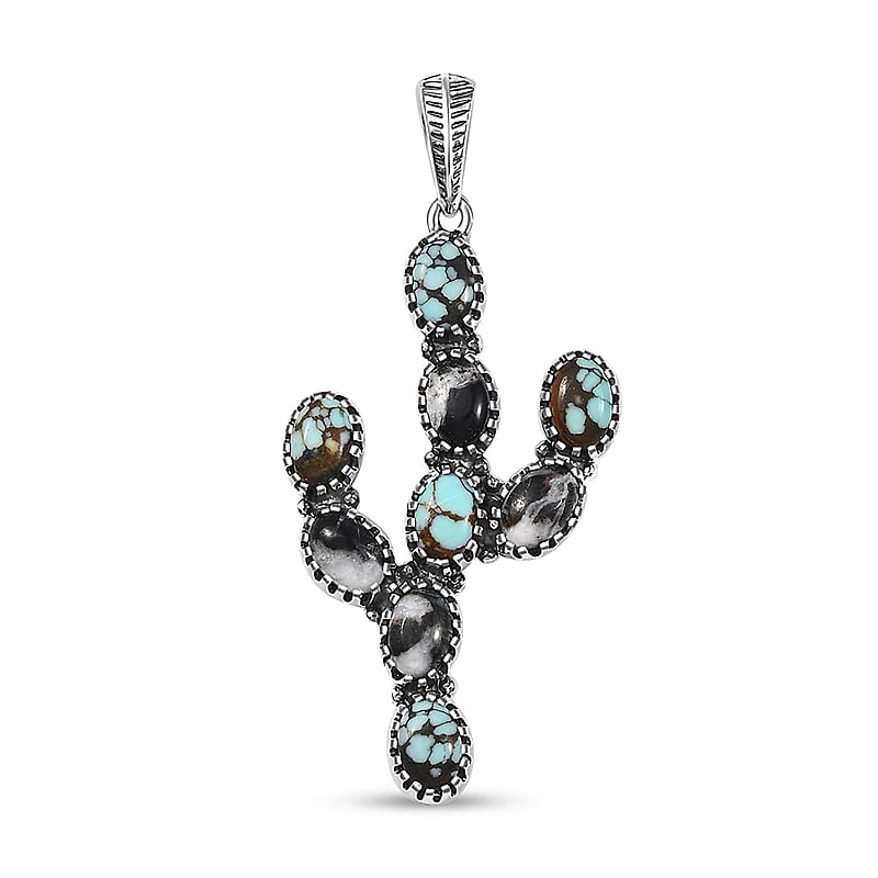 D'Joy Artisan Crafted Blue Moon Turquoise and White Buffalo 5.25 ctw Cactus Pendant without Chain in Black Oxidized Sterling Silver