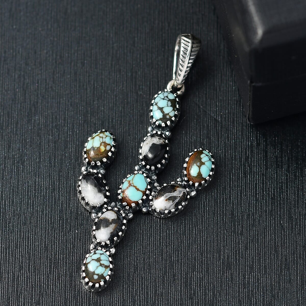 D'Joy Artisan Crafted Blue Moon Turquoise and White Buffalo 5.25 ctw Cactus Pendant without Chain in Black Oxidized Sterling Silver image number 1