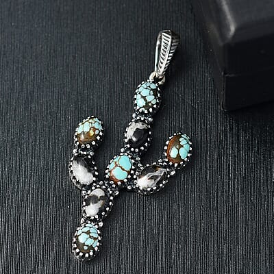 D'Joy Artisan Crafted Blue Moon Turquoise and White Buffalo 5.25 ctw Cactus Pendant without Chain in Black Oxidized Sterling Silver