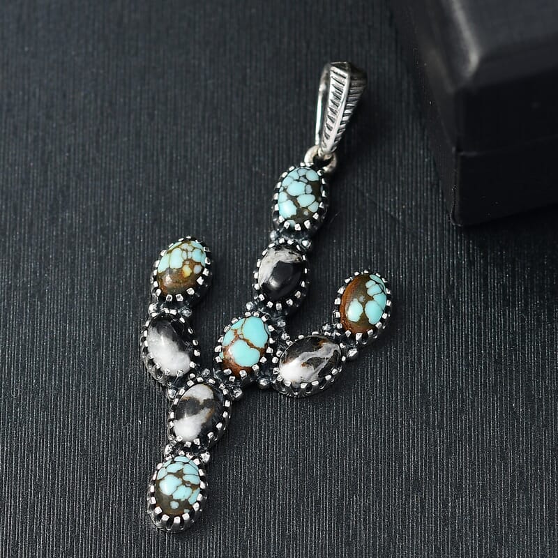 D'Joy Artisan Crafted Blue Moon Turquoise and White Buffalo 5.25 ctw Cactus Pendant without Chain in Black Oxidized Sterling Silver