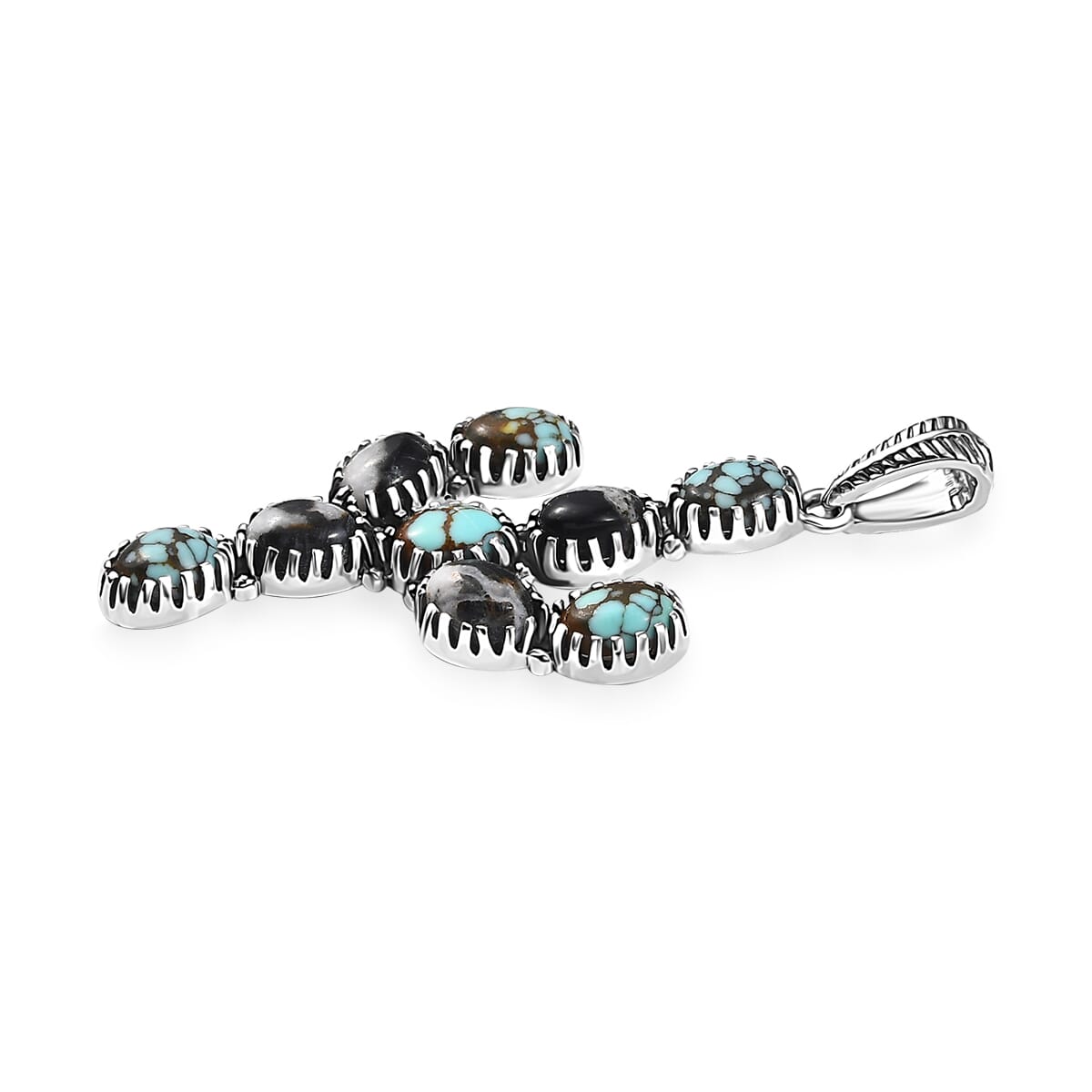 D'Joy Artisan Crafted Blue Moon Turquoise and White Buffalo 5.25 ctw Cactus Pendant without Chain in Black Oxidized Sterling Silver image number 3