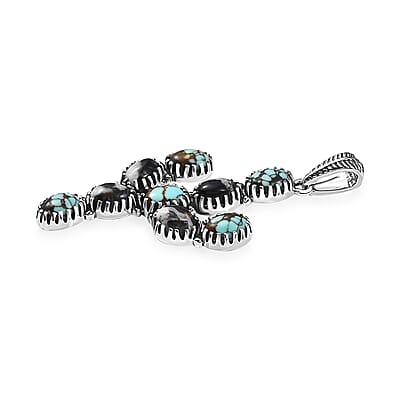 D'Joy Artisan Crafted Blue Moon Turquoise and White Buffalo 5.25 ctw Cactus Pendant without Chain in Black Oxidized Sterling Silver