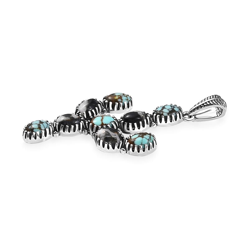 D'Joy Artisan Crafted Blue Moon Turquoise and White Buffalo 5.25 ctw Cactus Pendant without Chain in Black Oxidized Sterling Silver