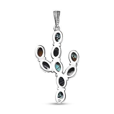 D'Joy Artisan Crafted Blue Moon Turquoise and White Buffalo 5.25 ctw Cactus Pendant without Chain in Black Oxidized Sterling Silver