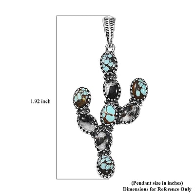D'Joy Artisan Crafted Blue Moon Turquoise and White Buffalo 5.25 ctw Cactus Pendant without Chain in Black Oxidized Sterling Silver