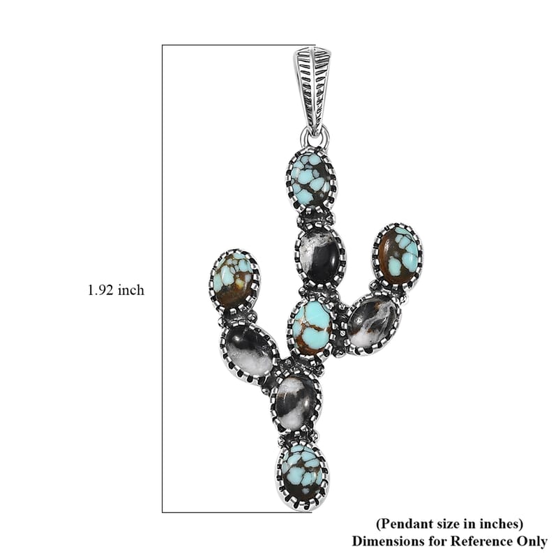 D'Joy Artisan Crafted Blue Moon Turquoise and White Buffalo 5.25 ctw Cactus Pendant without Chain in Black Oxidized Sterling Silver