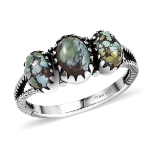 D'Joy Artisan Crafted Blue Moon Turquoise 1.50 ctw 3 Stone Ring in Black Oxidized Sterling Silver (Size 10.0)