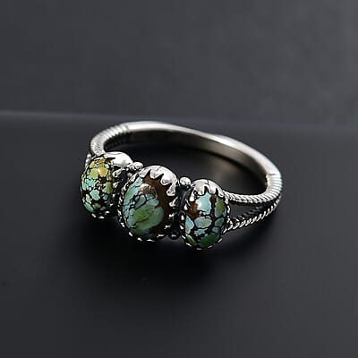 D'Joy Artisan Crafted Blue Moon Turquoise 1.50 ctw 3 Stone Ring in Black Oxidized Sterling Silver (Size 10.0)