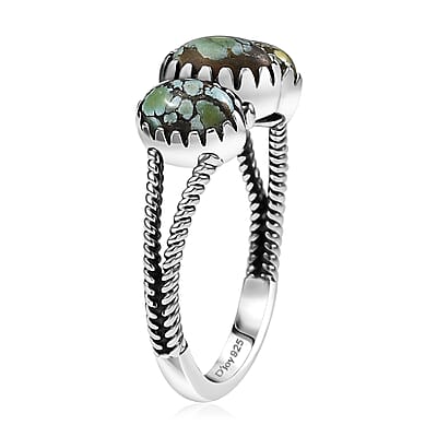 D'Joy Artisan Crafted Blue Moon Turquoise 1.50 ctw 3 Stone Ring in Black Oxidized Sterling Silver (Size 10.0)