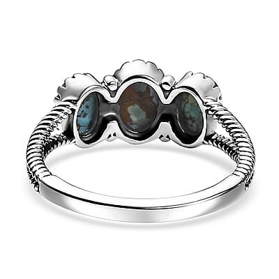 D'Joy Artisan Crafted Blue Moon Turquoise 1.50 ctw 3 Stone Ring in Black Oxidized Sterling Silver (Size 10.0)