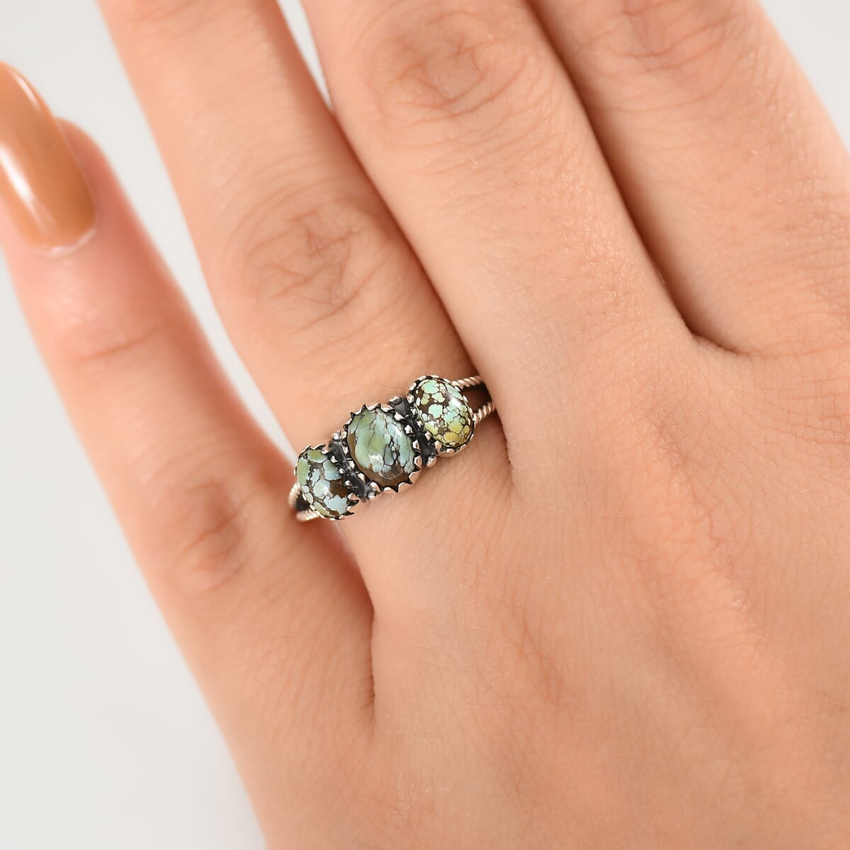 D'Joy Artisan Crafted Blue Moon Turquoise 1.50 ctw 3 Stone Ring in Black Oxidized Sterling Silver (Size 5.0) image number 2