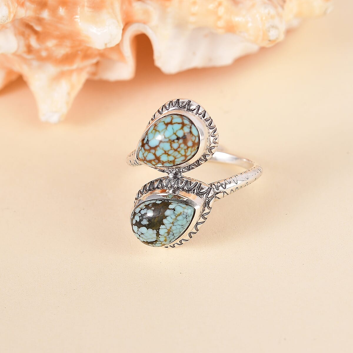 D'Joy Artisan Crafted Blue Moon Turquoise 3.60 ctw Bypass Ring in Black Oxidized Sterling Silver (Size 6.0) image number 1
