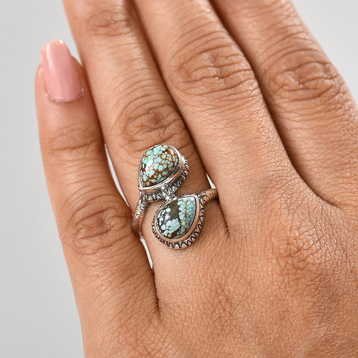 D'Joy Artisan Crafted Blue Moon Turquoise 3.60 ctw Bypass Ring in Black Oxidized Sterling Silver (Size 6.0) image number 2