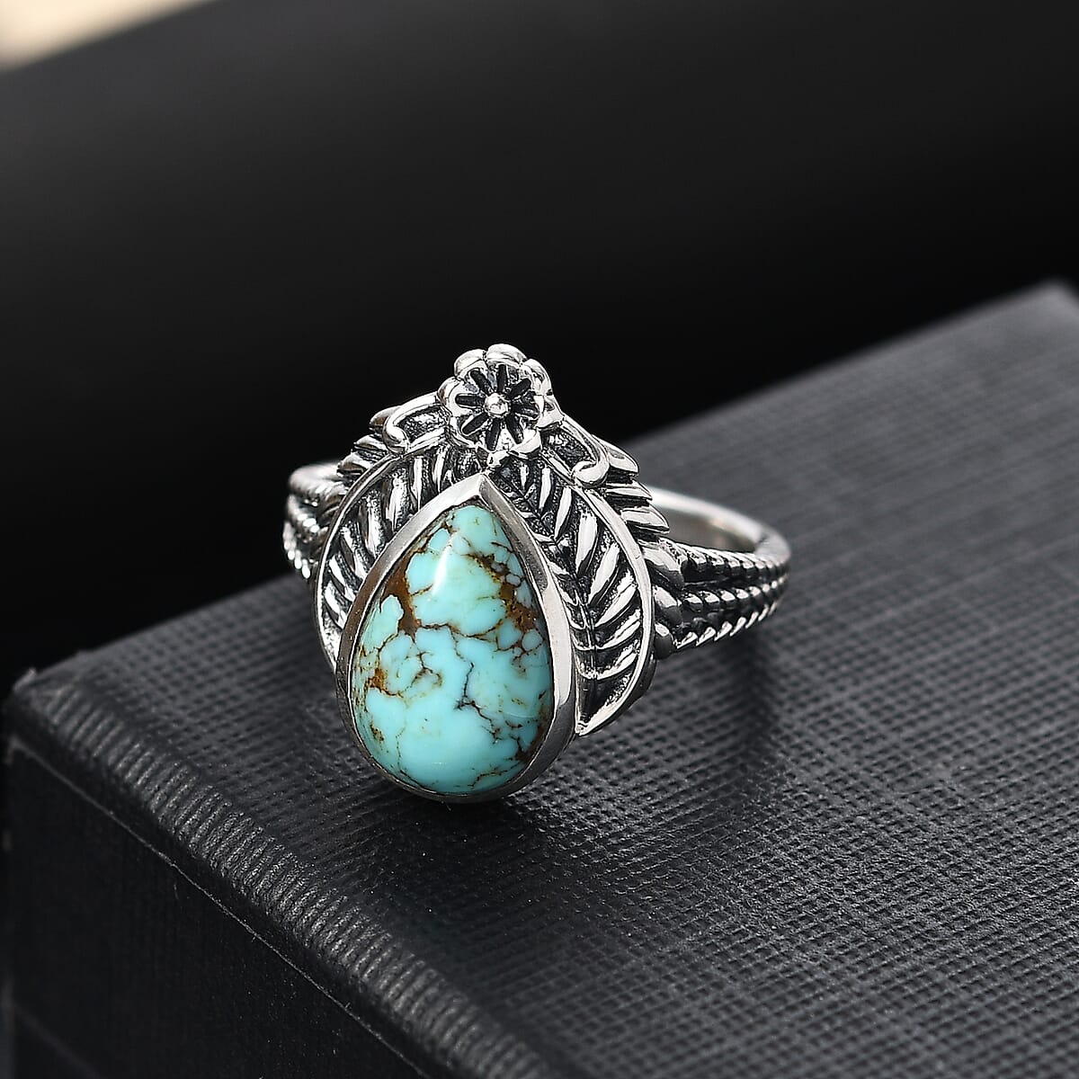 D'Joy Artisan Crafted Blue Moon Turquoise 2.80 ctw Floral Ring in Black Oxidized Sterling Silver (Size 7.0) image number 1