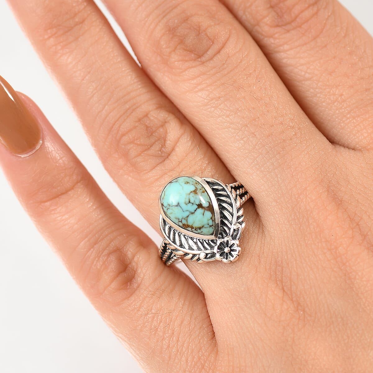 D'Joy Artisan Crafted Blue Moon Turquoise 2.80 ctw Floral Ring in Black Oxidized Sterling Silver (Size 7.0) image number 2