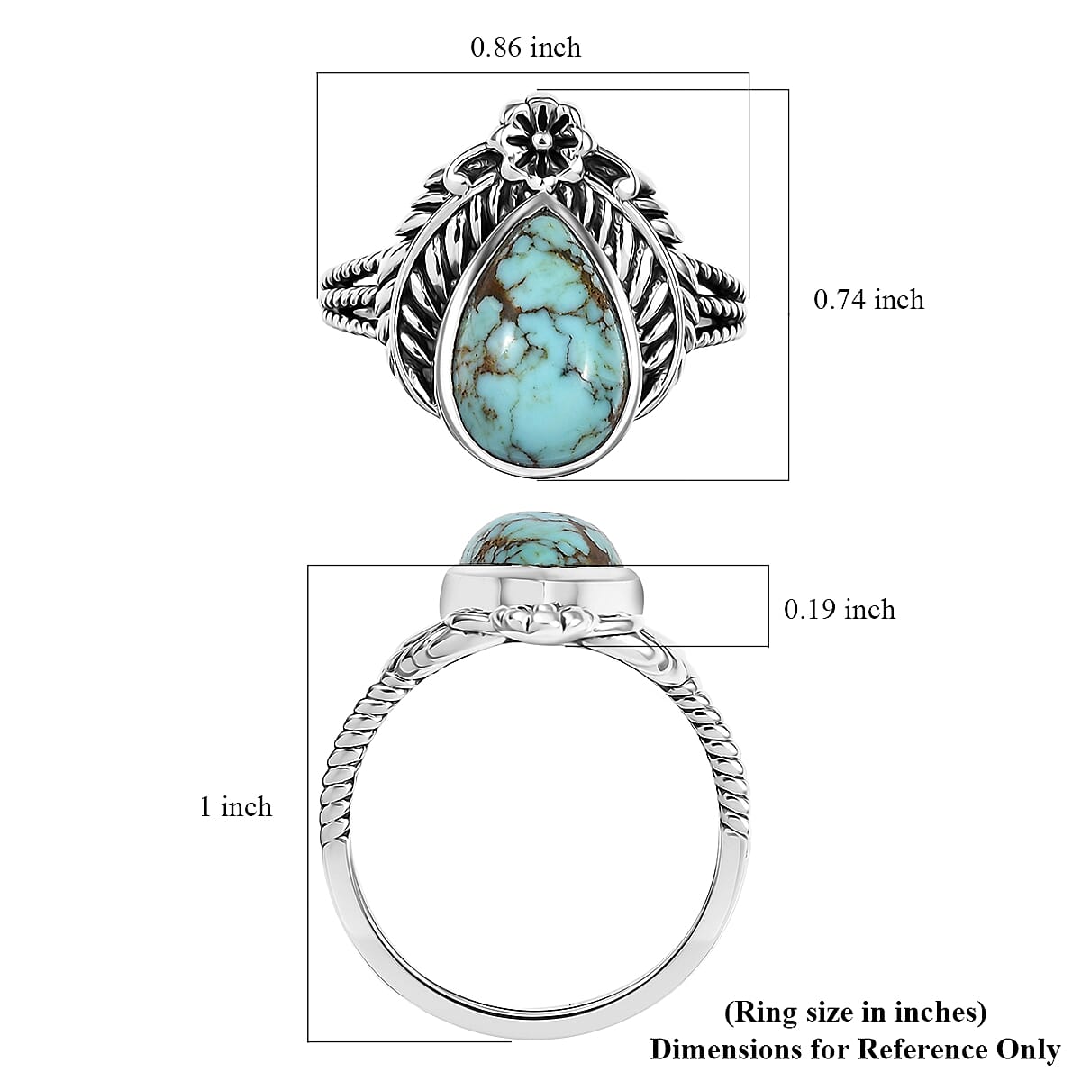 D'Joy Artisan Crafted Blue Moon Turquoise 2.80 ctw Floral Ring in Black Oxidized Sterling Silver (Size 9.0) image number 5