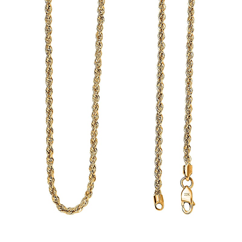 22K Yellow Gold 2.2mm Rope Chain Necklace 20 Inches 4.6 Grams