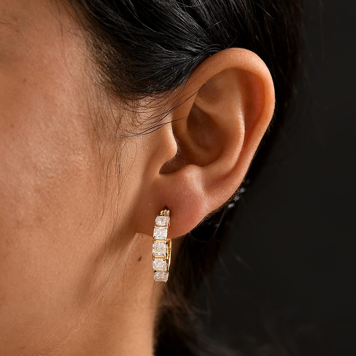 D'Joy Asscher Cut Moissanite 3.50 ctw Hoop Earrings in 18K Vermeil Yellow Gold Over Sterling Silver image number 2