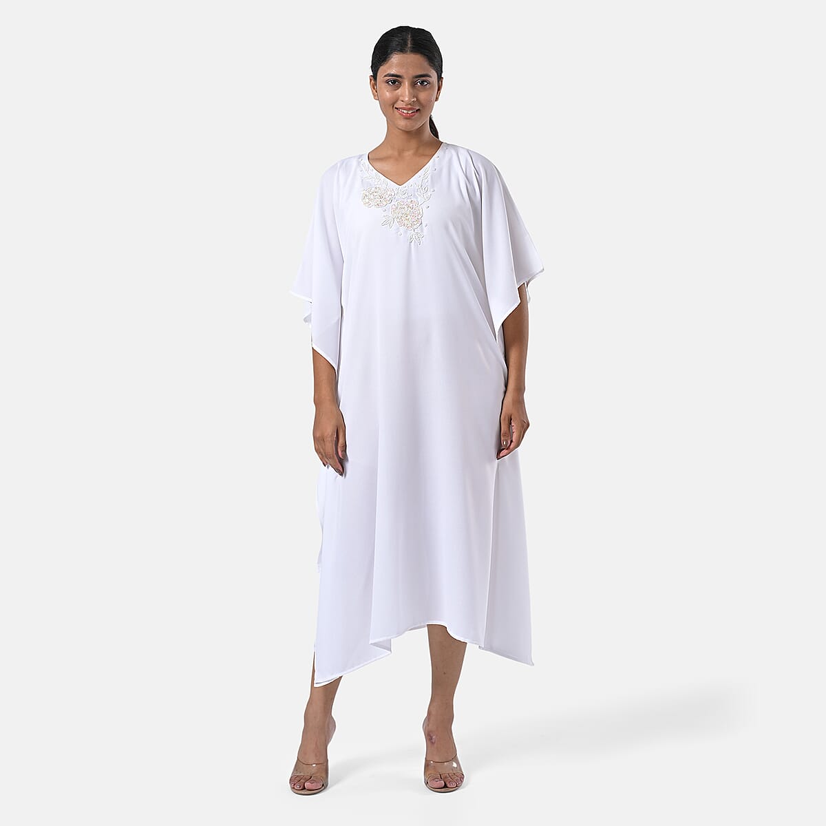 Tamsy White Bead and Crystal Polyester Crepe Kaftan - One Size Fits Most image number 0