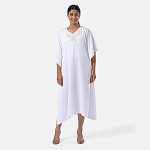 Tamsy White Bead and Crystal Polyester Crepe Kaftan - One Size Fits Most