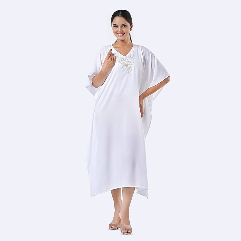Tamsy White Bead and Crystal Polyester Crepe Kaftan - One Size Fits Most