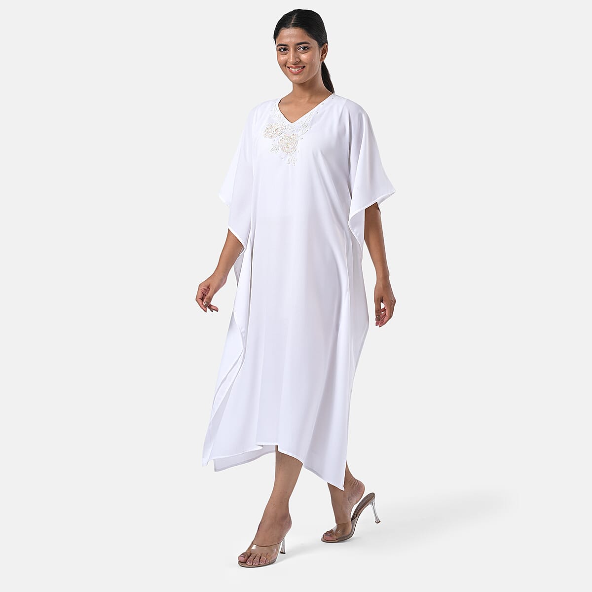 Tamsy White Bead and Crystal Polyester Crepe Kaftan - One Size Fits Most image number 1