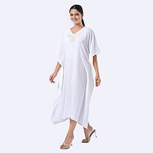 Tamsy White Bead and Crystal Polyester Crepe Kaftan - One Size Fits Most