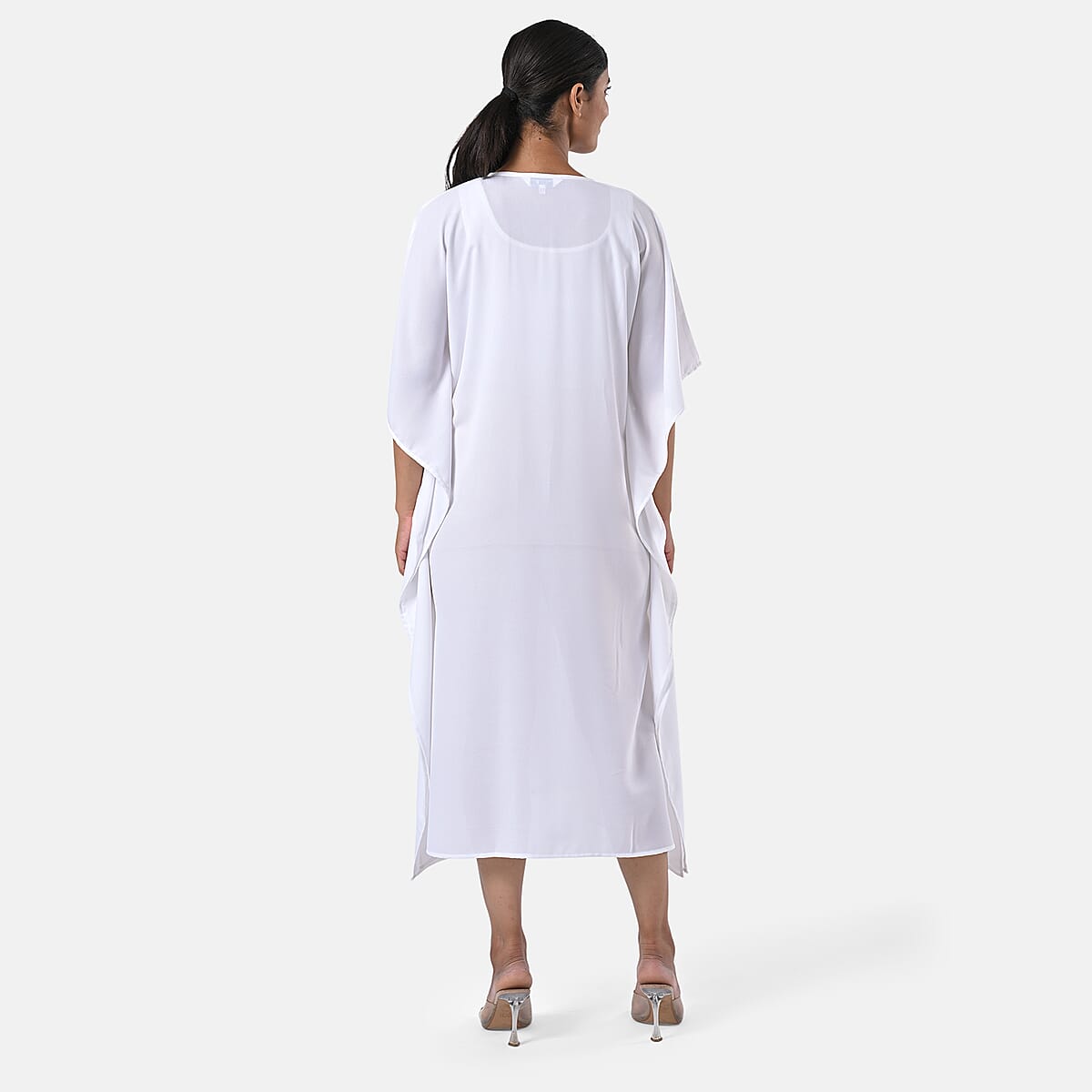 Tamsy White Bead and Crystal Polyester Crepe Kaftan - One Size Fits Most image number 2